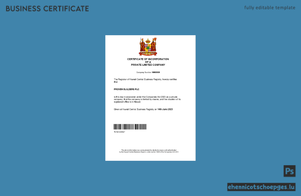 Hawaii-Registrierungsbescheinigung – Beispielansicht in Word und PDF